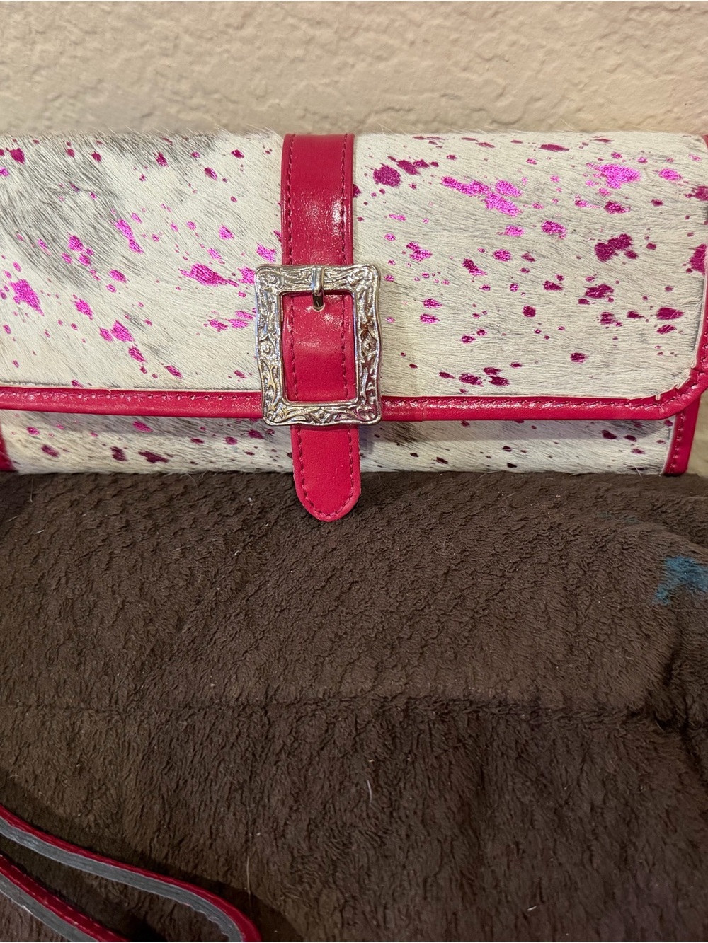 White and Pink Speckled Clutch with Hot Pink Trim